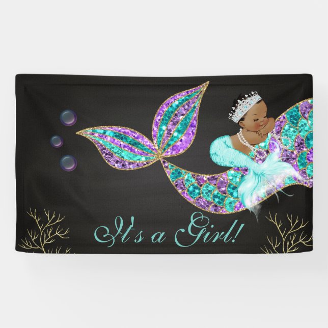 Mermaid Birthday backdrop Banner African American (Horizontal)