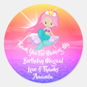 Mermaid Birthday Favour Girl Magic Sunset Pink Classic Round Sticker