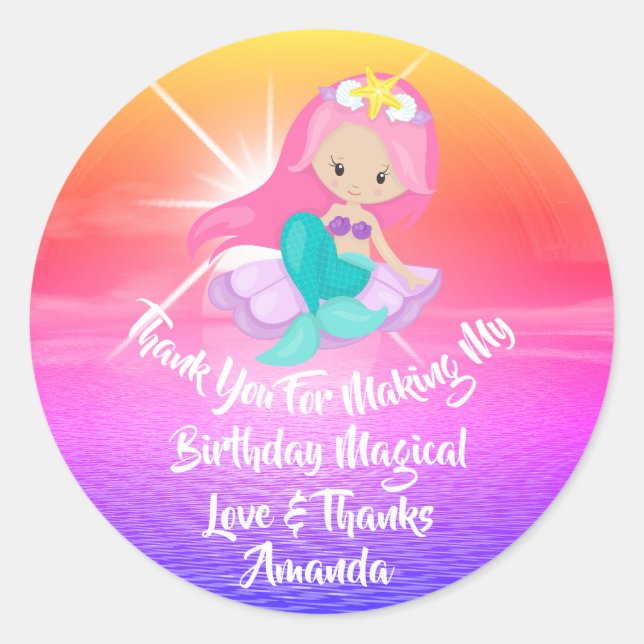 Mermaid Birthday Favour Girl Magic Sunset Pink Classic Round Sticker (Front)