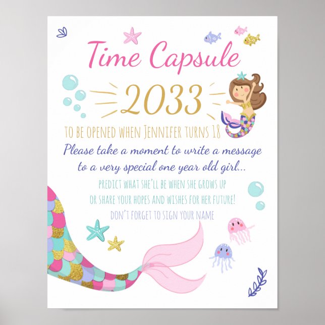 Mermaid Birthday guestbook Time Capsule sign Girl (Front)