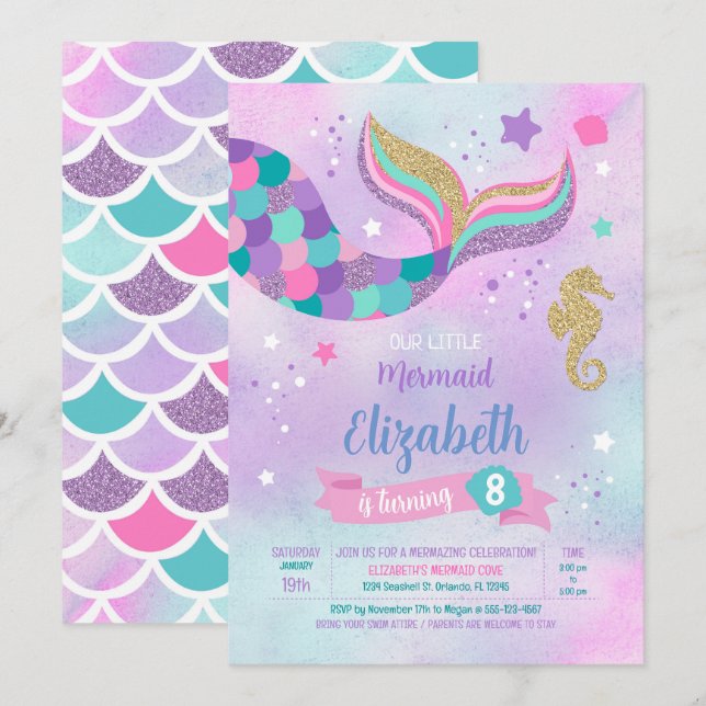 Mermaid Birthday Invitation (Front/Back)