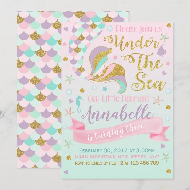 Mermaid Birthday Invitation (Front/Back)