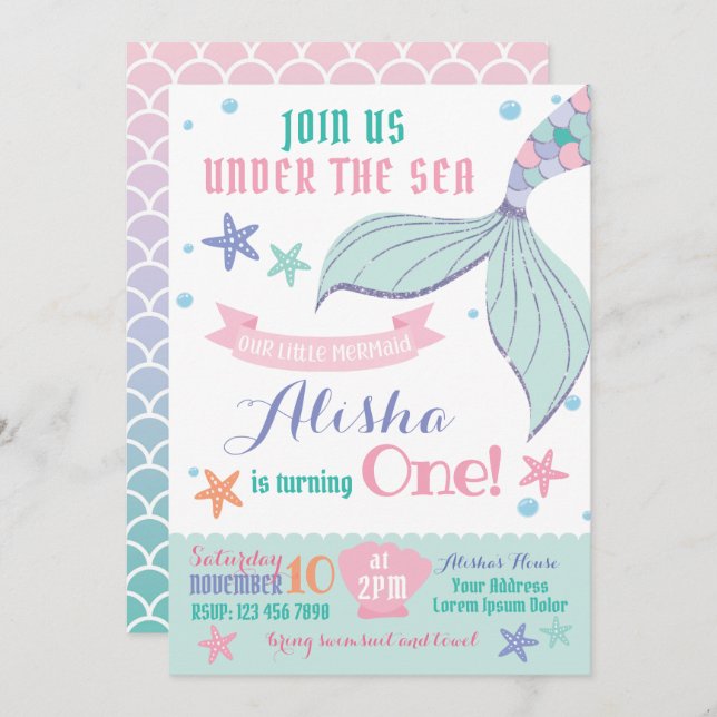 Mermaid Birthday Invitation (Front/Back)