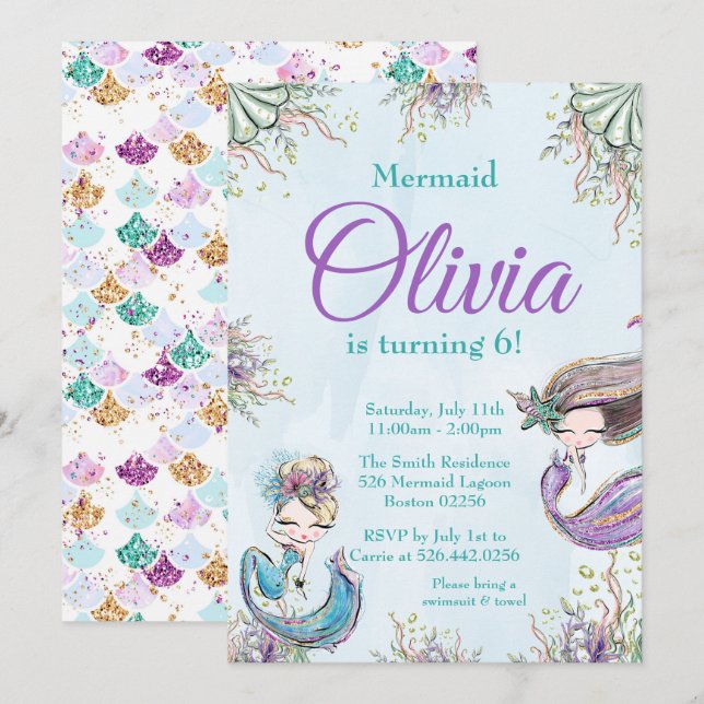 Mermaid Birthday invitation (Front/Back)