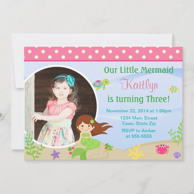 Mermaid Birthday Invitation Brunette 5x7 Photo (Front)