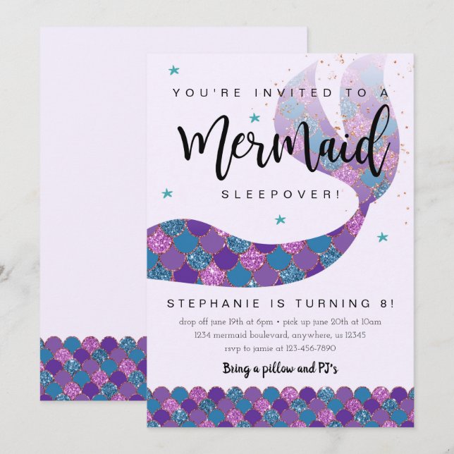 Mermaid Birthday Invitation for Sleepover (Front/Back)