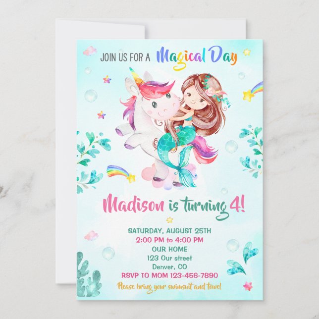Mermaid birthday invitation Girl Magical party day (Front)