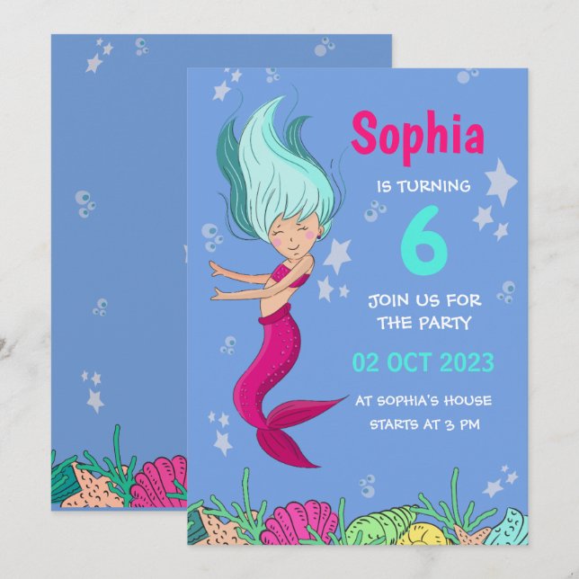 Mermaid Birthday Invitation, Girls Birhday party Invitation (Front/Back)