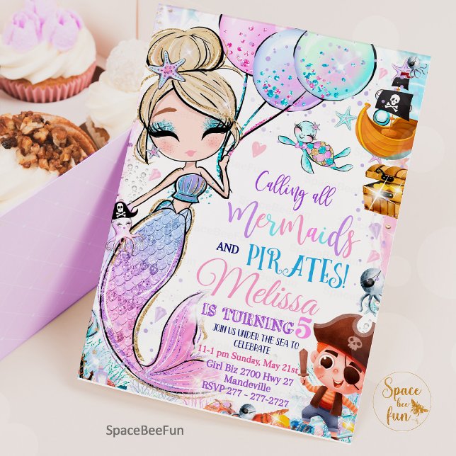 Mermaid Birthday Invitation Mermaid and Pirates (mermaid birthday party,Mermaid and pirates,Birthday Invitation,Mermaid Pirates invites,Party mermaid)