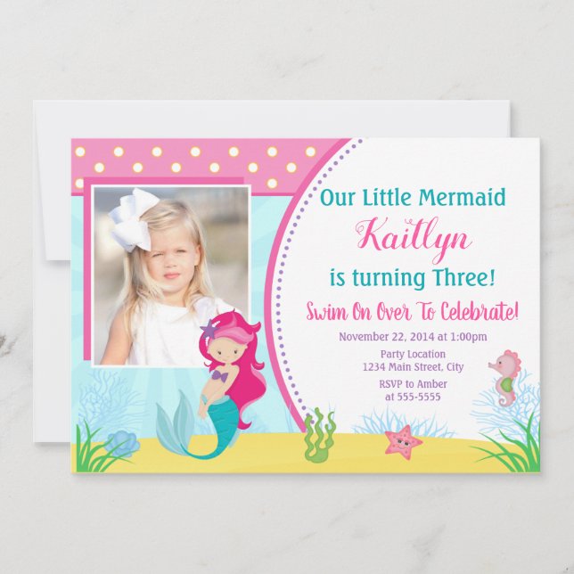 Mermaid Birthday Invitation, Mermaid Girl Party Invitation (Front)