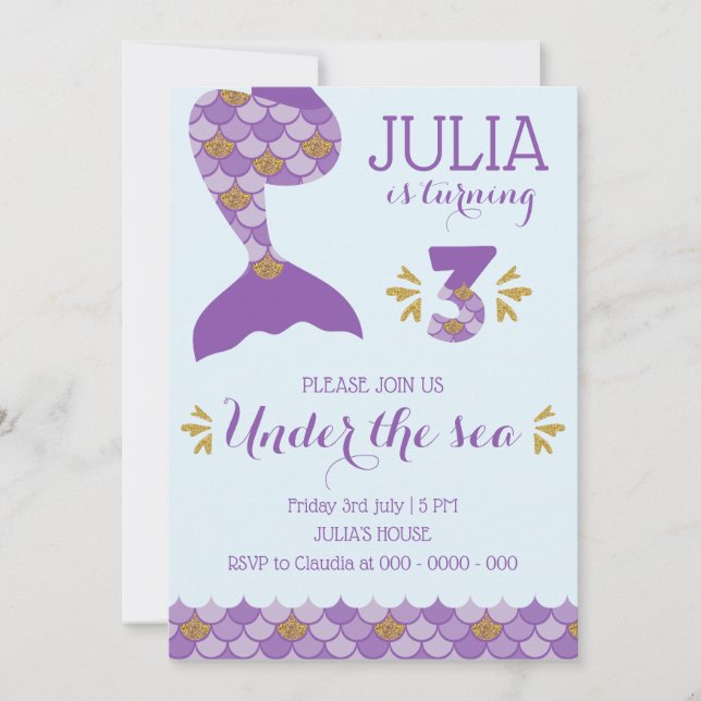 Mermaid Birthday Invitation Mermaid Number 3 (Front)