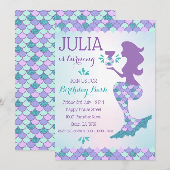 Mermaid Birthday Invitation Mermaid Number 3 (Front/Back)