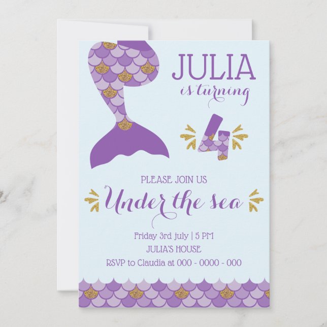 Mermaid Birthday Invitation Mermaid Number 4 (Front)