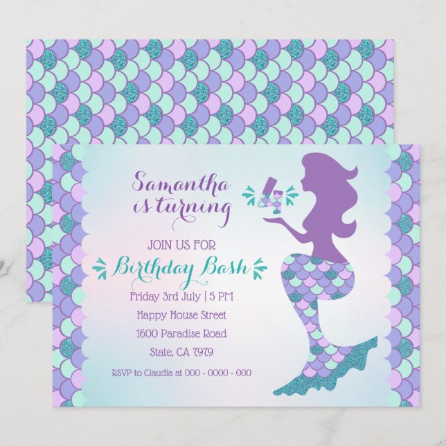 Mermaid Birthday Invitation Mermaid Number 4 (Front/Back)