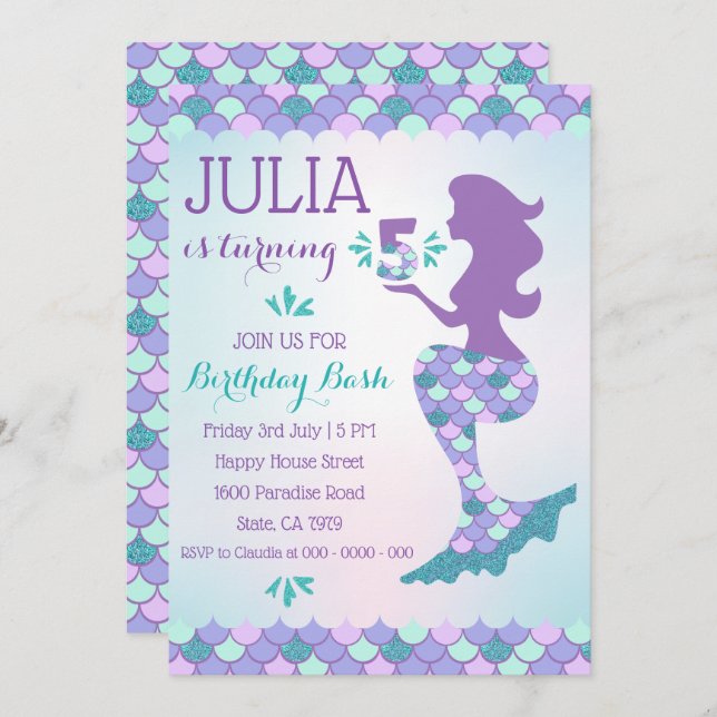 Mermaid Birthday Invitation Mermaid Number 5 (Front/Back)