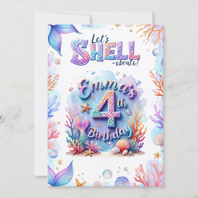 Mermaid Birthday Invitation Personalised  Name Age (Front)