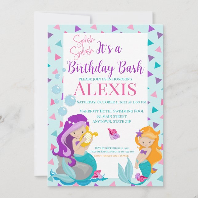 Mermaid Birthday Invitation, Pool party Invitation (Front)