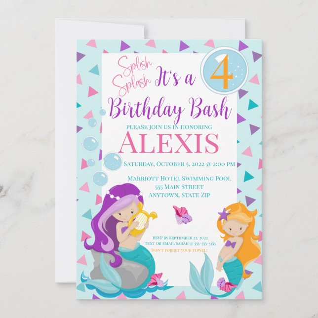 Mermaid Birthday Invitation, Pool party Invitation (Front)