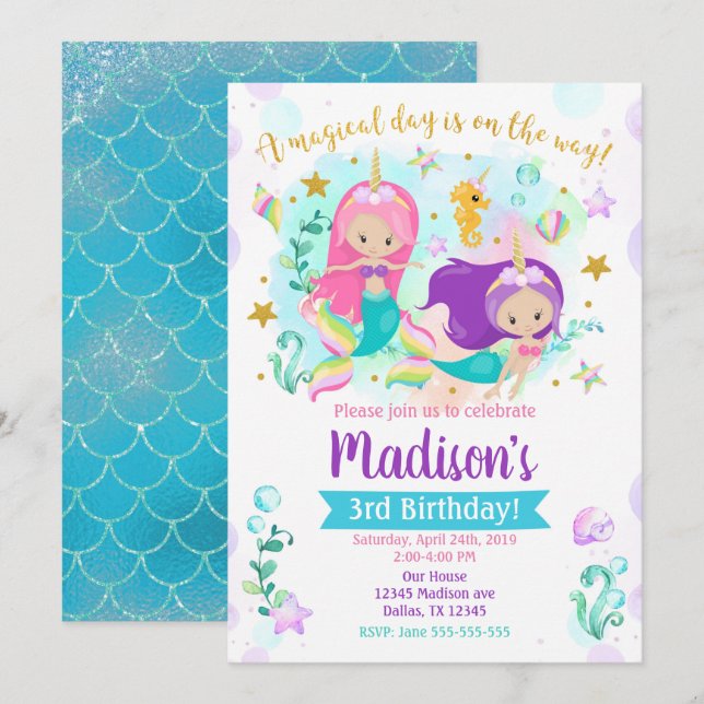 Mermaid Birthday Invitation / Swimming Pool Party (Front/Back)