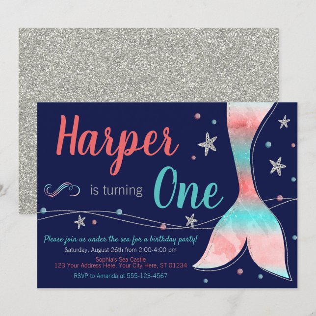 Mermaid Birthday Invitation | Under the Sea (Front/Back)