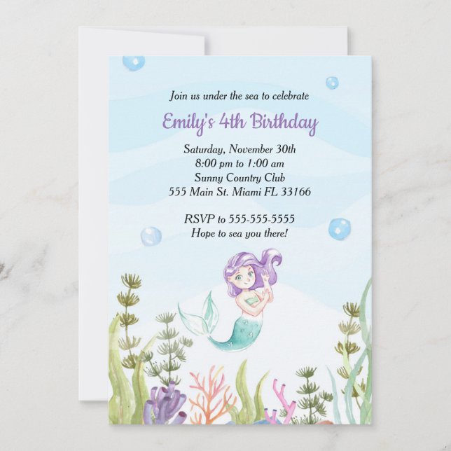 Mermaid Birthday Invitation Under The Sea (Front)