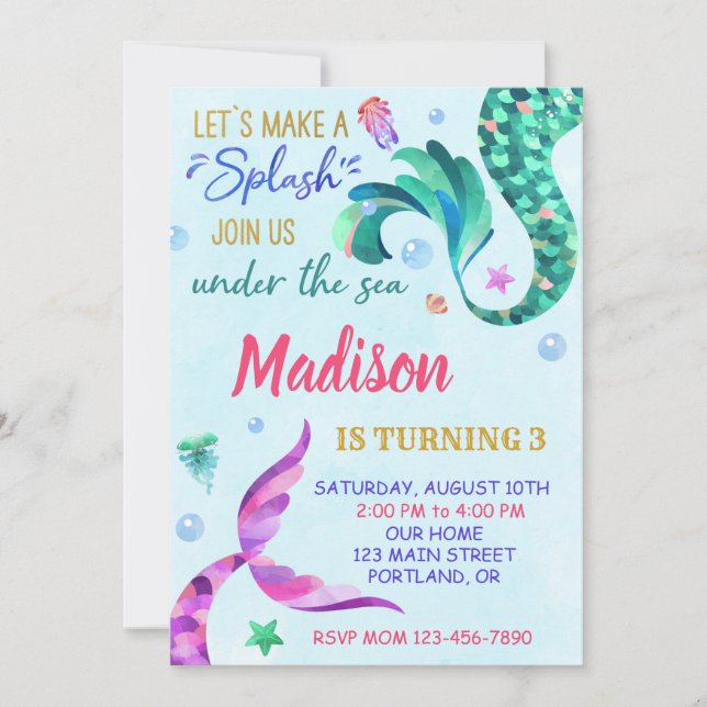 Mermaid birthday invitation Under the sea invite (Front)