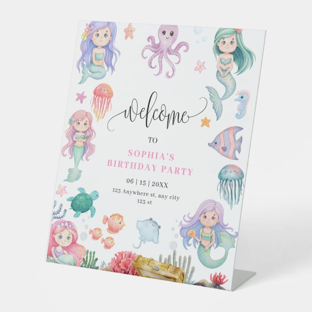 Mermaid Birthday Invitation, Under the Sea Mermaid Pedestal Sign (Front)