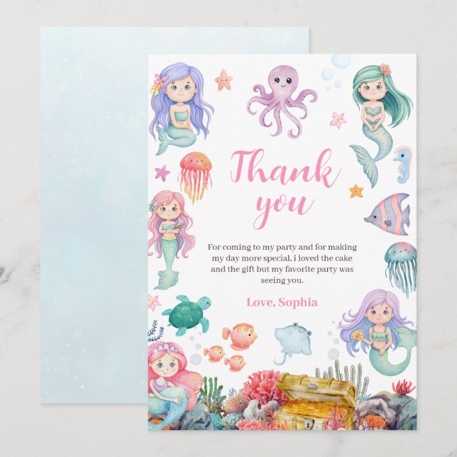 Mermaid Birthday Invitation, Under the Sea Mermaid Thank You Card (Front/Back)