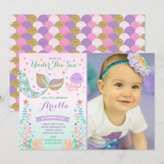 Mermaid Birthday Invitation Under The Sea Party (Front/Back)