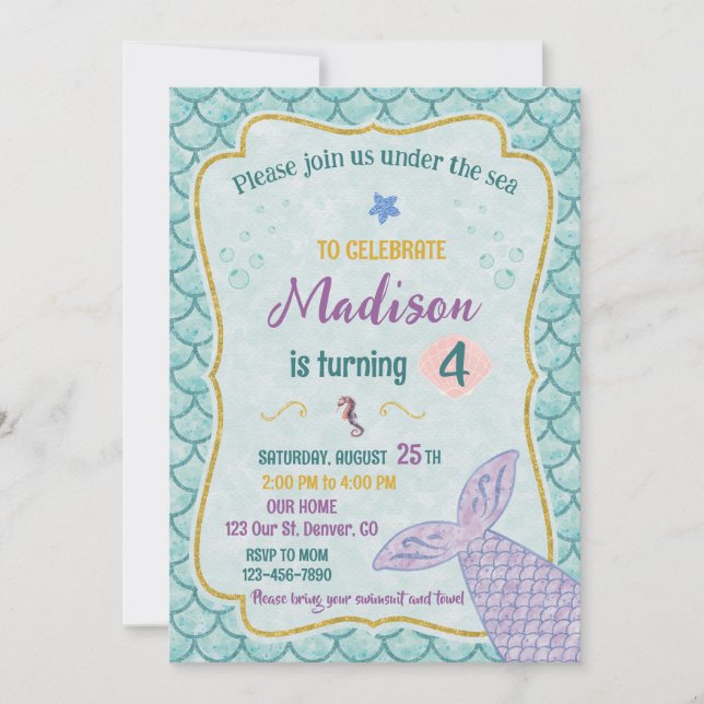Mermaid birthday invitation Under the sea party (Front)