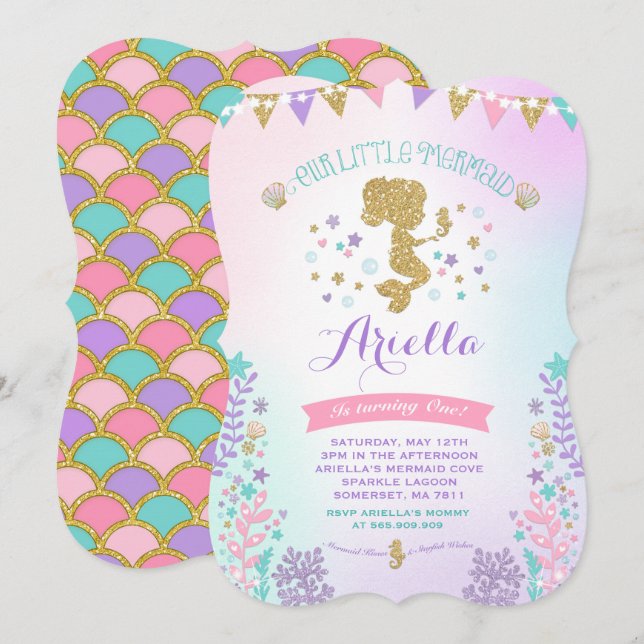 Mermaid Birthday Invitation Under The Sea Party (Front/Back)