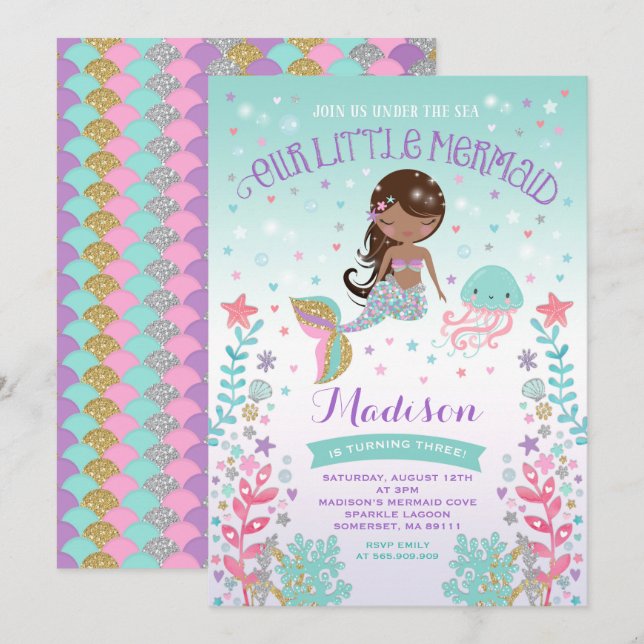 Mermaid Birthday Invitation Under The Sea Party (Front/Back)