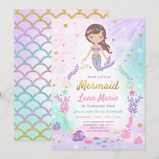Mermaid Birthday Invitation Under The Sea Party (Front/Back)