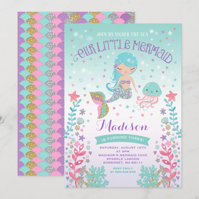 Mermaid Birthday Invitation Under The Sea Party (Front/Back)