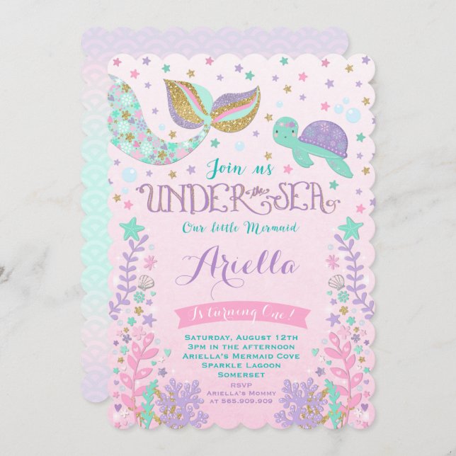 Mermaid Birthday Invitation Under The Sea Party (Front/Back)