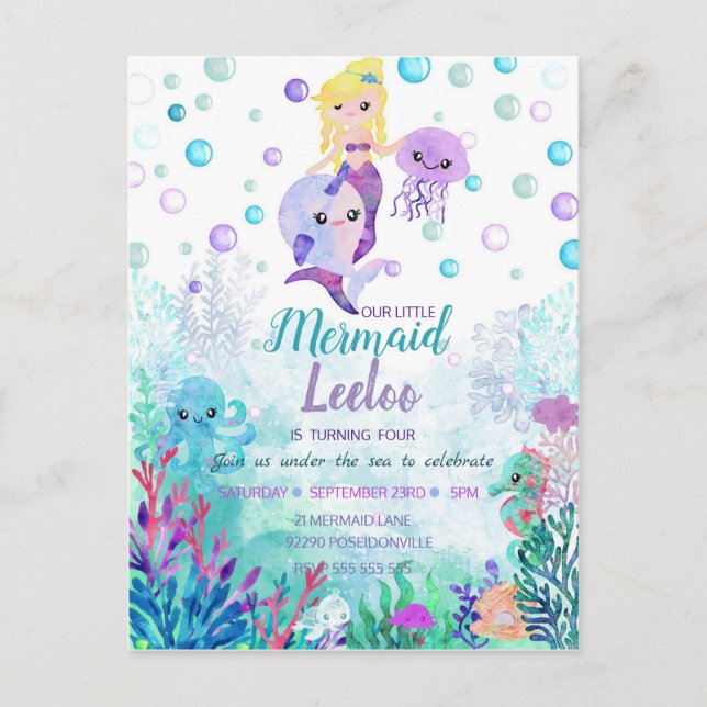 Mermaid Birthday Invitation Under the sea party (Front)