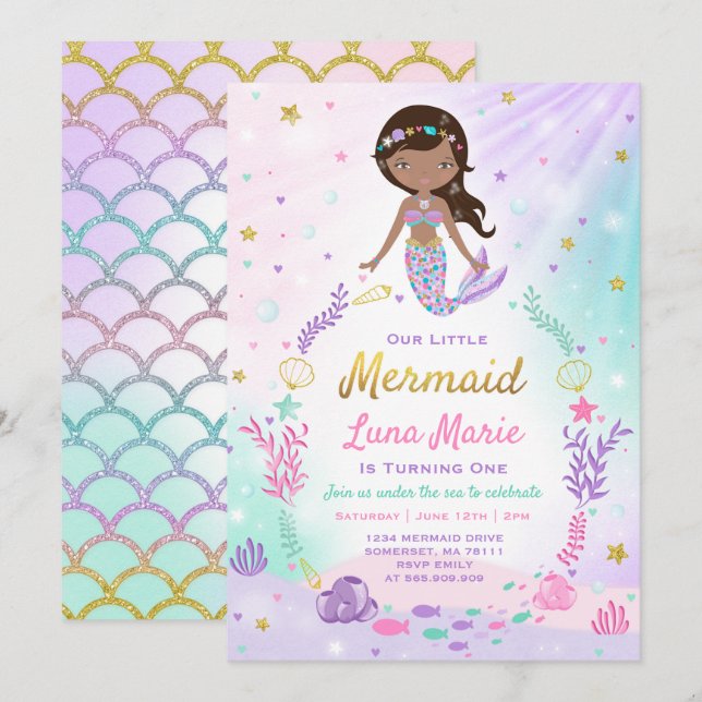 Mermaid Birthday Invitation Under The Sea Party (Front/Back)