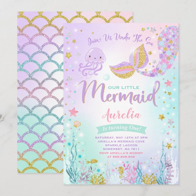 Mermaid Birthday Invitation Under The Sea Party (Front/Back)
