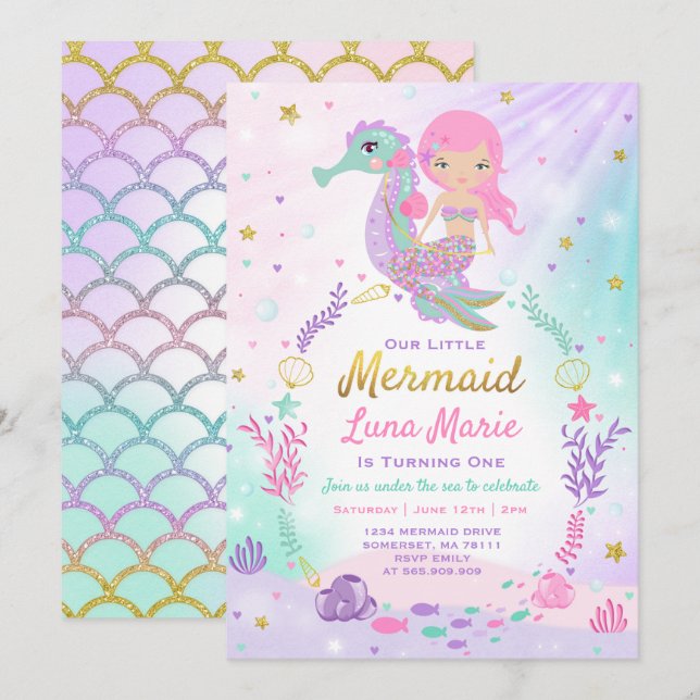Mermaid Birthday Invitation Under The Sea Party (Front/Back)
