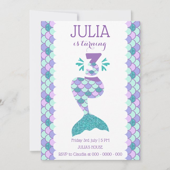 Mermaid Birthday Invitation Under The Sea Party (Front)