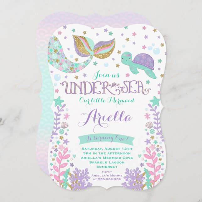 Mermaid Birthday Invitation Under The Sea Party (Front/Back)