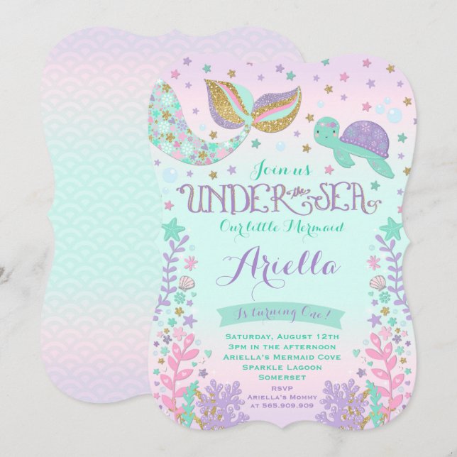 Mermaid Birthday Invitation Under The Sea Party (Front/Back)