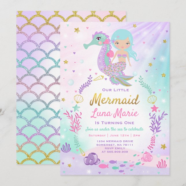 Mermaid Birthday Invitation Under The Sea Party (Front/Back)