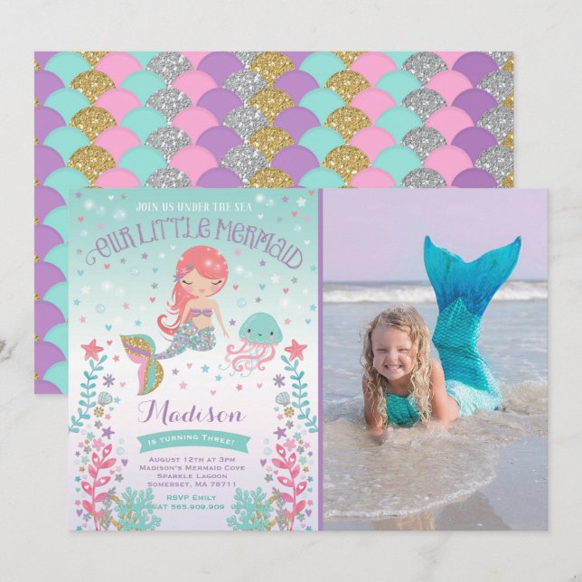 Mermaid Birthday Invitation Under The Sea Party (Front/Back)