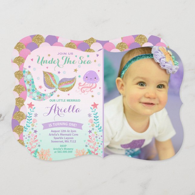 Mermaid Birthday Invitation Under The Sea Party (Front/Back)