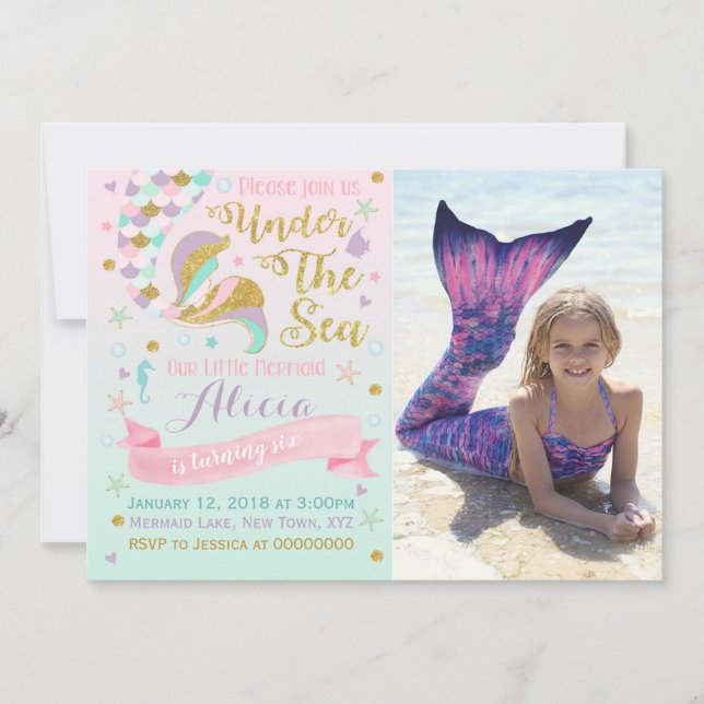 Mermaid Birthday Invitation Under The Sea Party (Front)
