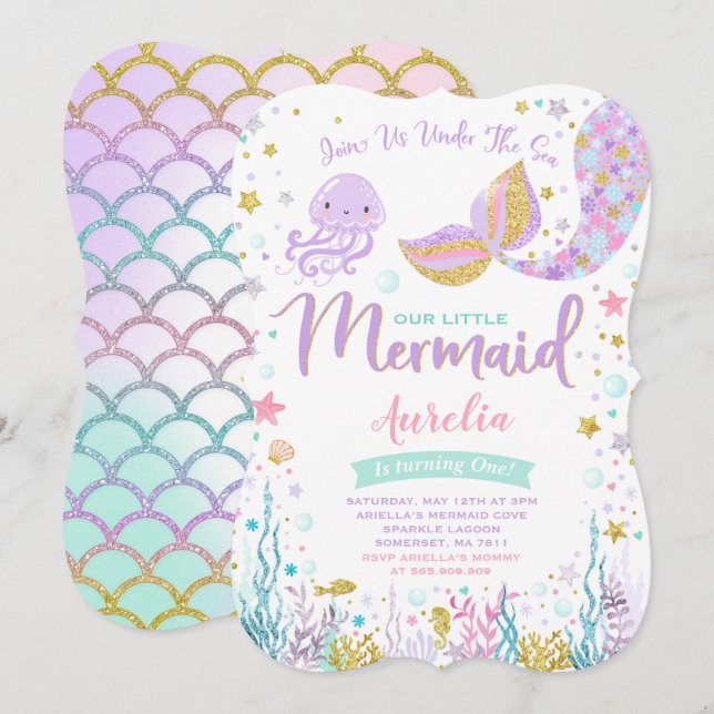 Mermaid Birthday Invitation Under The Sea Party (Front/Back)