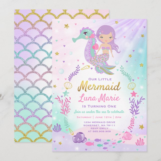 Mermaid Birthday Invitation Under The Sea Party (Front/Back)