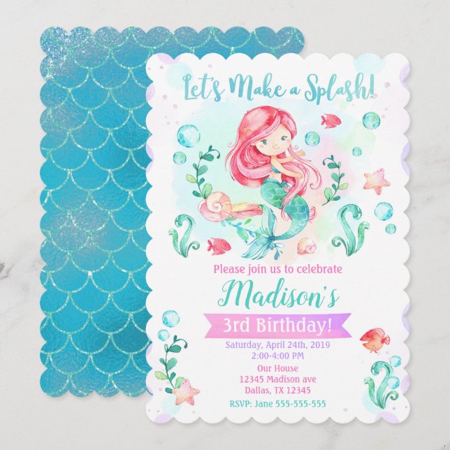 Mermaid Birthday Invitation / Under the Sea Party (Front/Back)