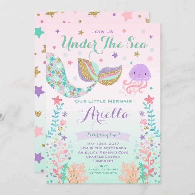 Mermaid Birthday Invitation Under The Sea Party (Front/Back)